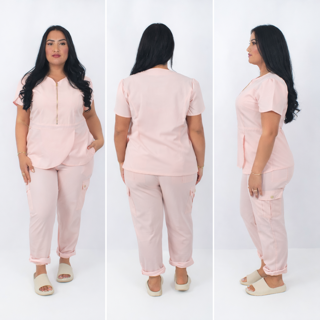 THE BELLE LUXURY SCRUB SET (BABY PINK) - STRAIGHT TROUSERS