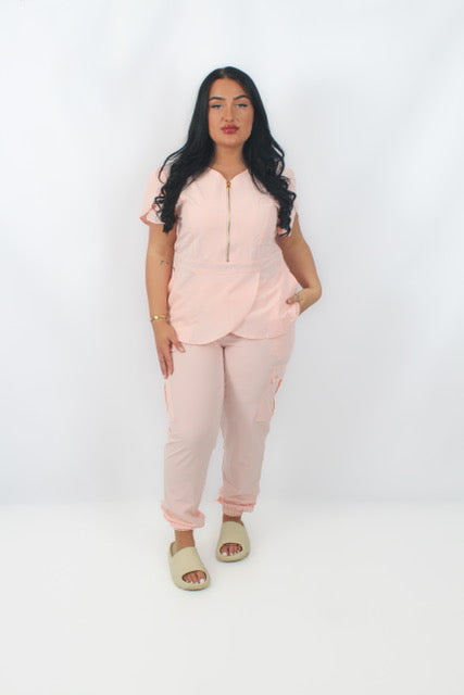 THE BELLE LUXURY SCRUB SET (BABY PINK) - STRAIGHT TROUSERS
