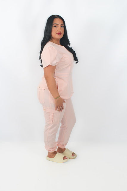 THE BELLE LUXURY SCRUB SET (BABY PINK) - STRAIGHT TROUSERS